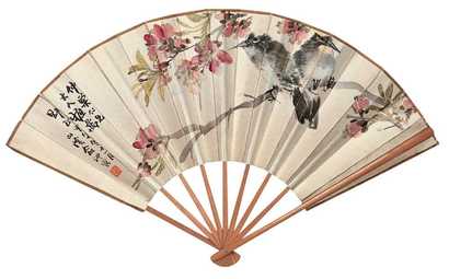 俞礼 吴汝为 甲午（1894年）作 花鸟 书法 成扇